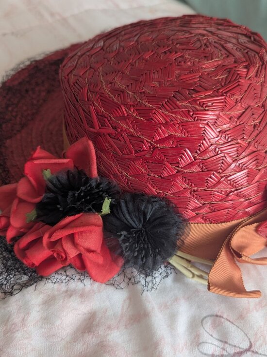 Vintage Red Straw hat With Net Veil & Chin Strap-Western 